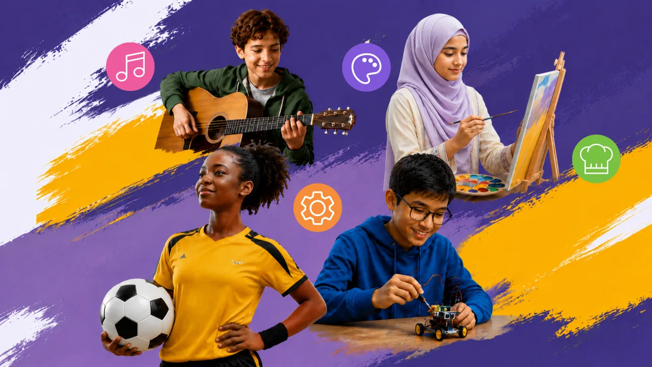 Students sharing their talents in music, art, sport, and robotics