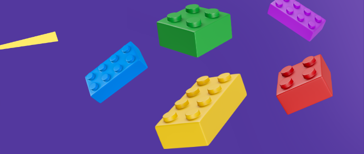 Colorful LEGO bricks floating on a purple background